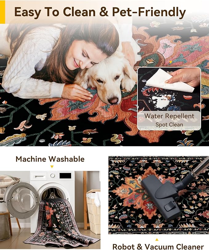 RELEANY Washable Area Rug, Square 10'x10', Black/Colorful