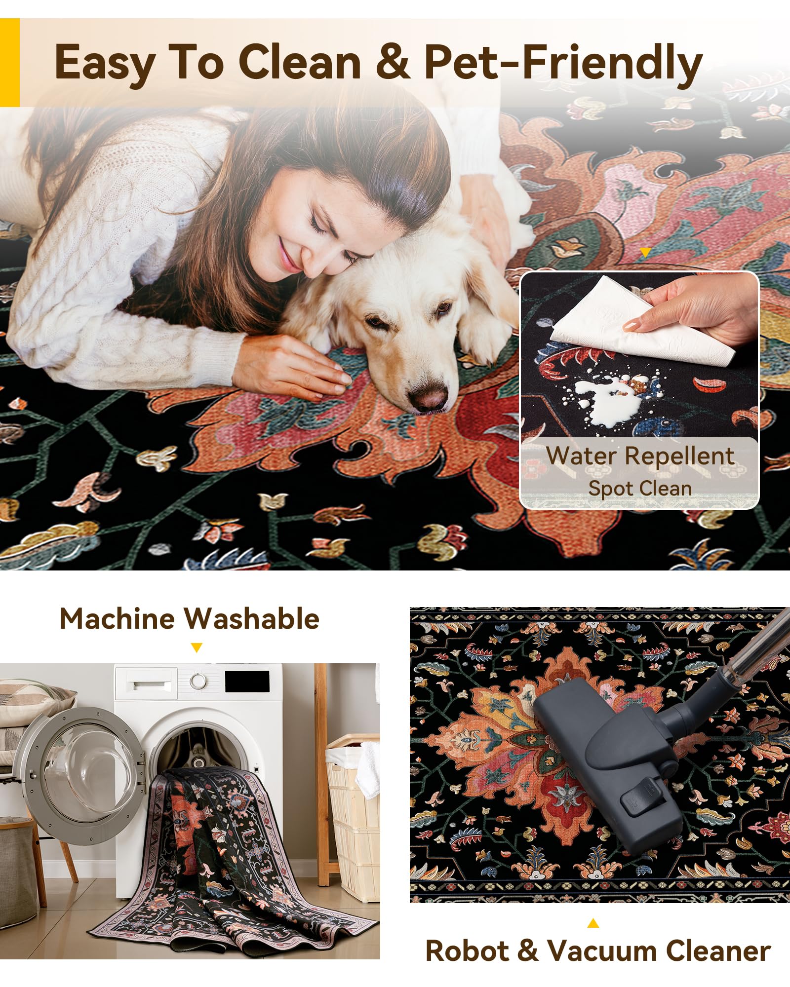 RELEANY Washable Area Rug, Small 2'6"x4', Black/Colorful