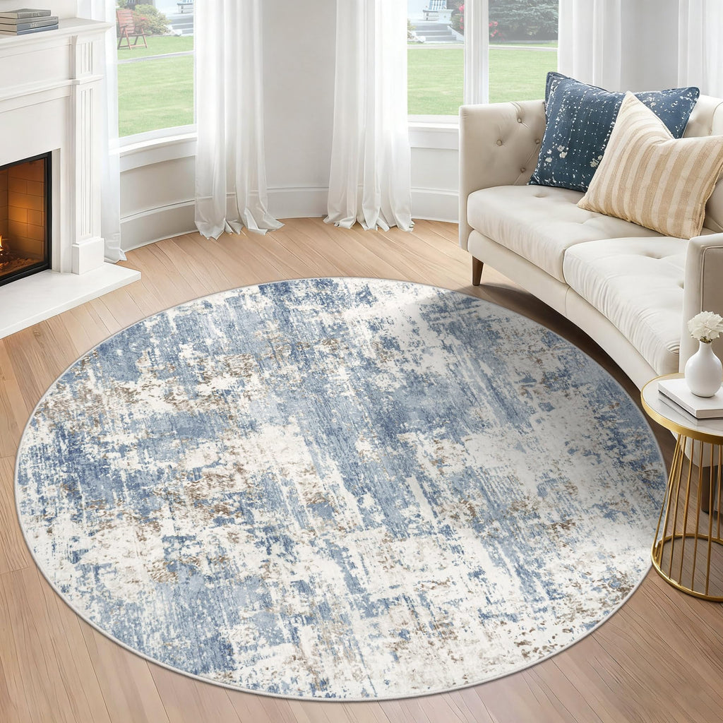 XLUEZ Round Rug 4ft for Bedroom, Washable Modern Abstract Circle Rug Neutral Soft Non Slip Kids Rug Stain Resistant Indoor Carpet for Living Room Nursery Playroom Dorm Girls Boys Room(Blue, 4' Round)