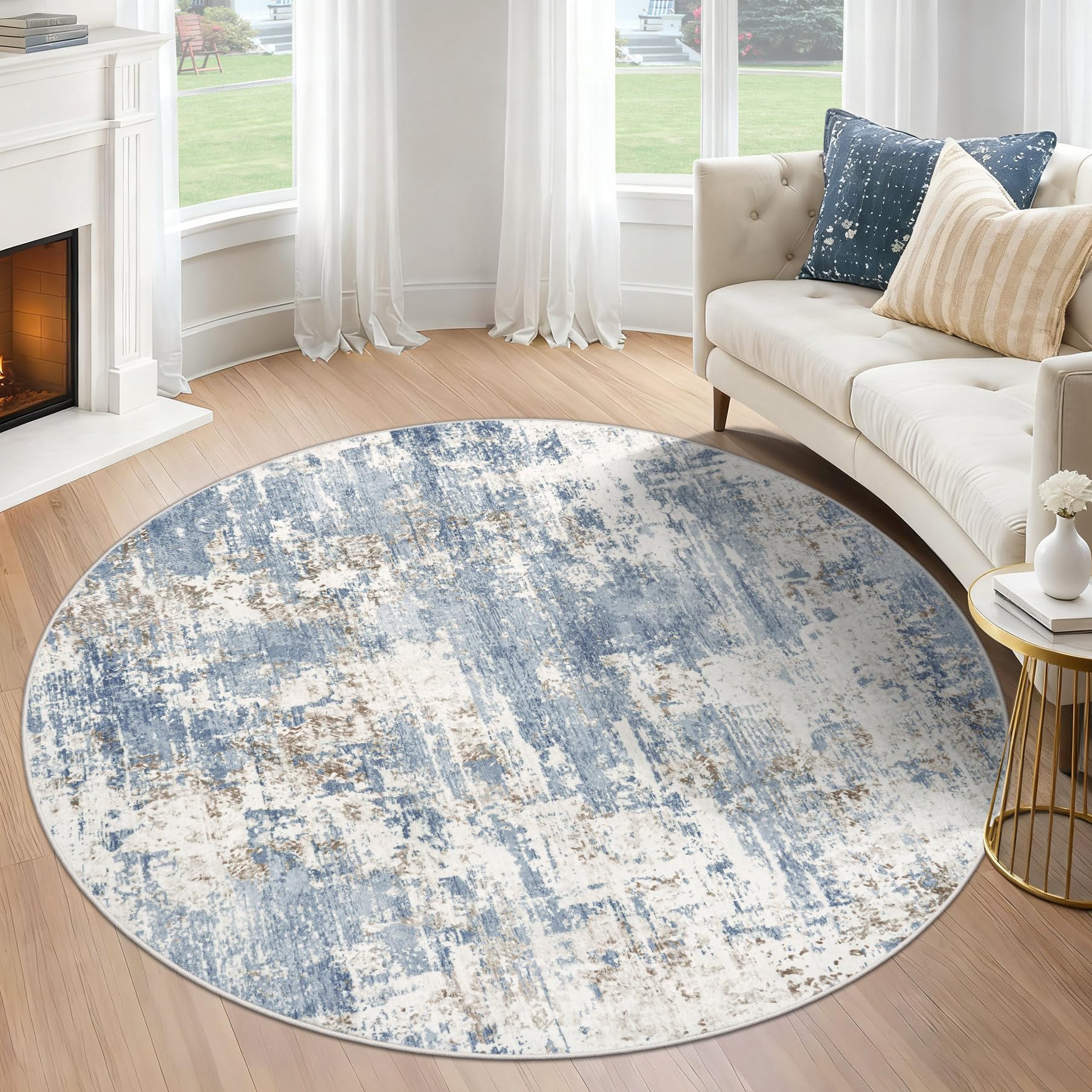 XLUEZ Round Rug 4ft for Bedroom, Washable Modern Abstract Circle Rug Neutral Soft Non Slip Kids Rug Stain Resistant Indoor Carpet for Living Room Nursery Playroom Dorm Girls Boys Room(Blue, 4' Round)