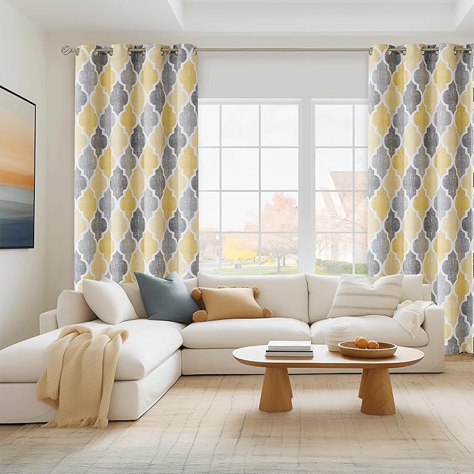 Beauoop 100% Blackout Curtains 45 Inches Long 2 Panels for Bedroom Living Room Yellow Grey Moroccan Geo Room Darkening Thermal Insulated Soundproof Grommet Top Window Treatments Drapes, 50x45 Set of 2