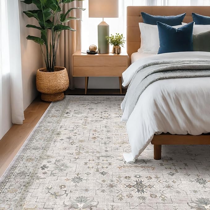 Hazo Haus Boho Light Grey Living Room Rug 8x10 - Modern Vintage Eclectic Floral Pastel Neutral Taupe, Washable Low Pile Non-Slip Extra Large Area Rugs for Dining Under Table Bedroom Lounge