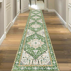 Yamaziot Washable Runner Rug, 2x10 Non-Slip Boho Vintage Hallway Rug Runner with Rubber Backing, Stain Resistant & Low Pile Faux Wool Distressed Carpet Runner for Kitchen, Laundry, Entrance, Green