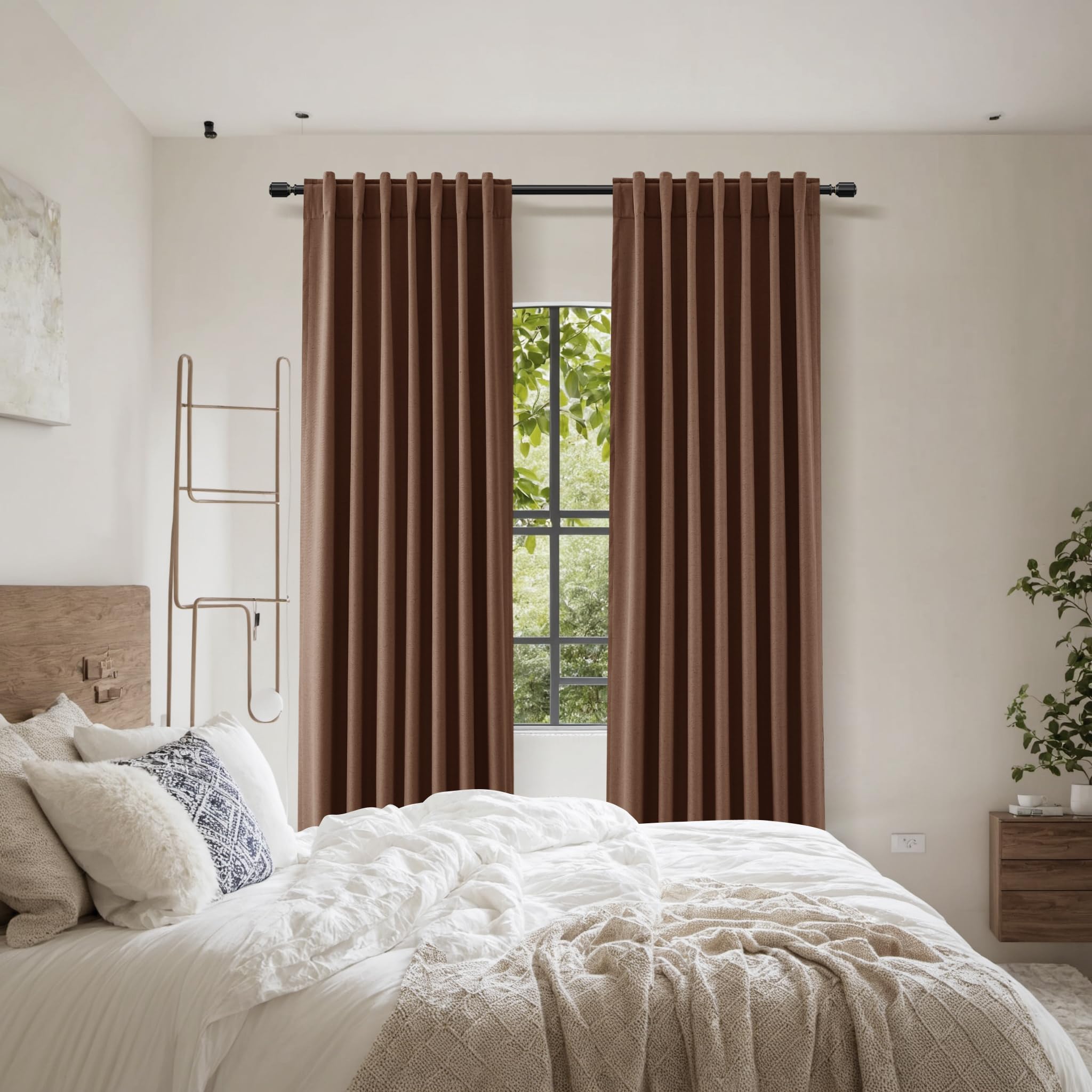 Rustic Brown 100% Blackout Linen Curtains 108 Inch Length 2 Panels Set for Living Room Bedroom Back Tab Thermal Insulated Black Out Drapes Room Darkening Farmhouse Style for Bedroom Window Curtains