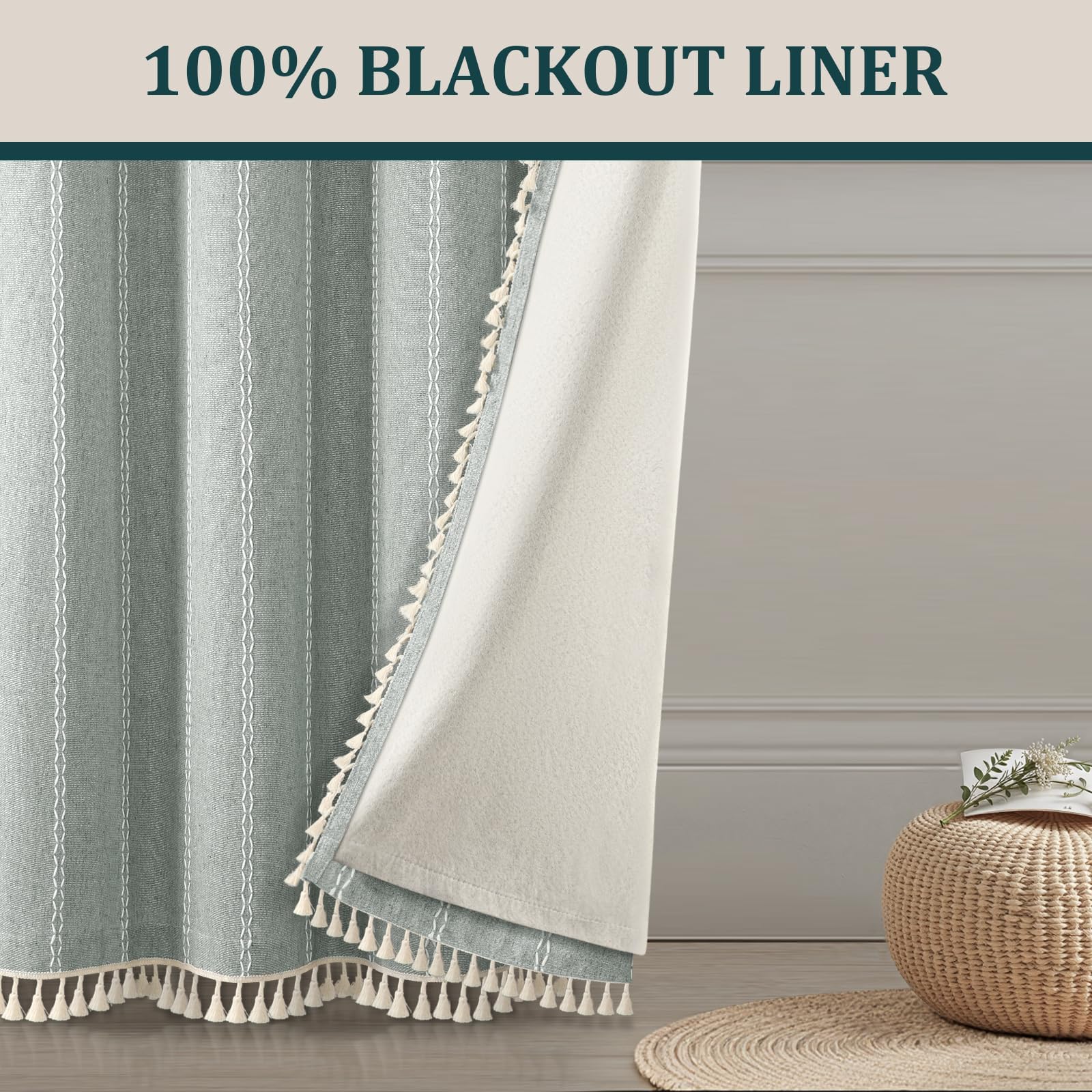 XOGUIBO Teal 100% Boho Blackout Curtains 96 Inch 2 Panels with Tassels