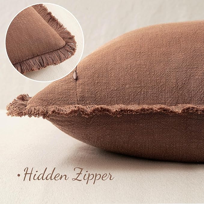 MIULEE Boho Linen Fringe Decorative Fall Throw Pillow Covers Brick 18x18