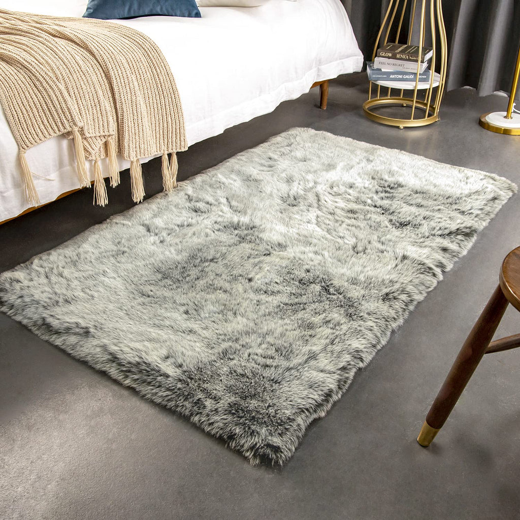 Ashler Faux Fox Fur Rug, Green White Brown Fluffy Rug, 3x5 Rectangle Rugs, Ultra Soft Shaggy Area Rugs for Bedroom, Fuzzy Carpets for Living Room, Sofa
