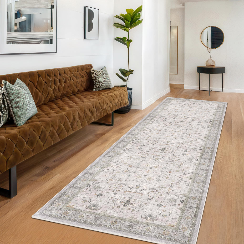 Hazo Haus Boho 3x16 Wide Hallway Runner - Light Gray and Sage, Washable Low Pile Non Slip Stain Resistant 16ft Runner Rug for Long Kitchen, Hallway, Floral Decor