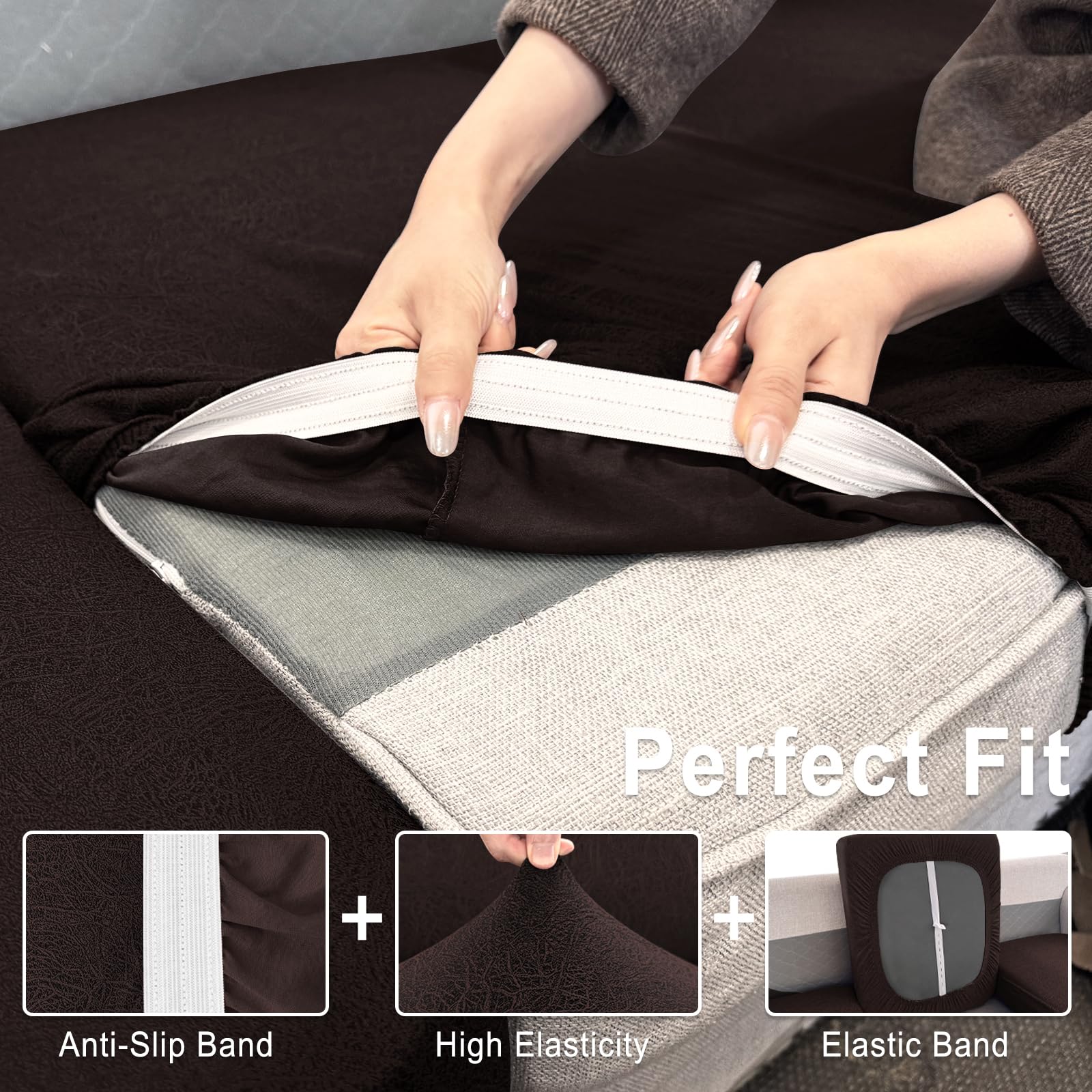 ANARACHON Leather Look Couch Cushion Covers Sofa Seat Slipcovers Sets Couches Furniture Protector for Sectional Armchair Loveseat Pets Kids Stretch Spandex Fabric (3 Cushion Sofa, Chocolate)