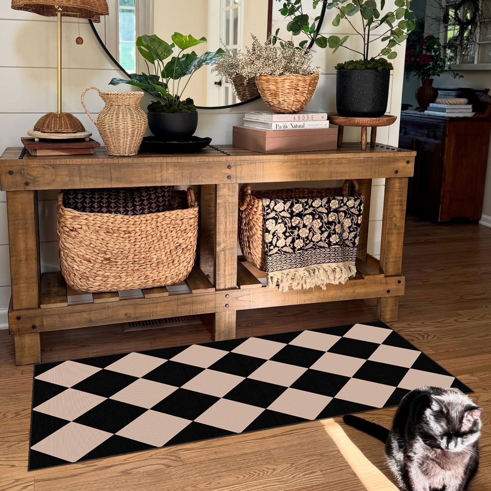 Othilic Front Door Mat Indoor Entrance - 2x4.3 Ft Black Tan Checkered Rug