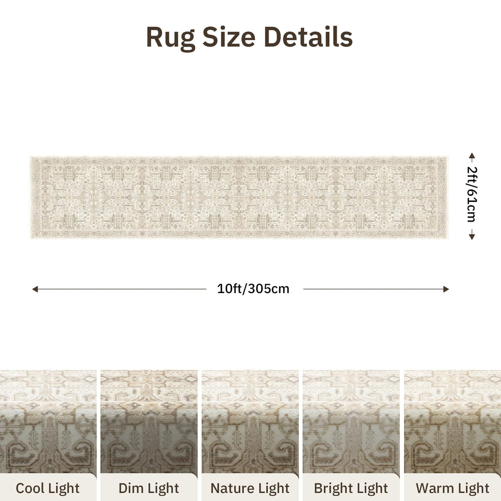 Hallway Washable Runner Rug 2x10 - Non Slip Vintage Kitchen Runner Rugs for Entryway Low-Pile Waterproof Long Runners for Living Room Bedroom Medallion Indoor Floor Mat for Bathroom Laundry Beige