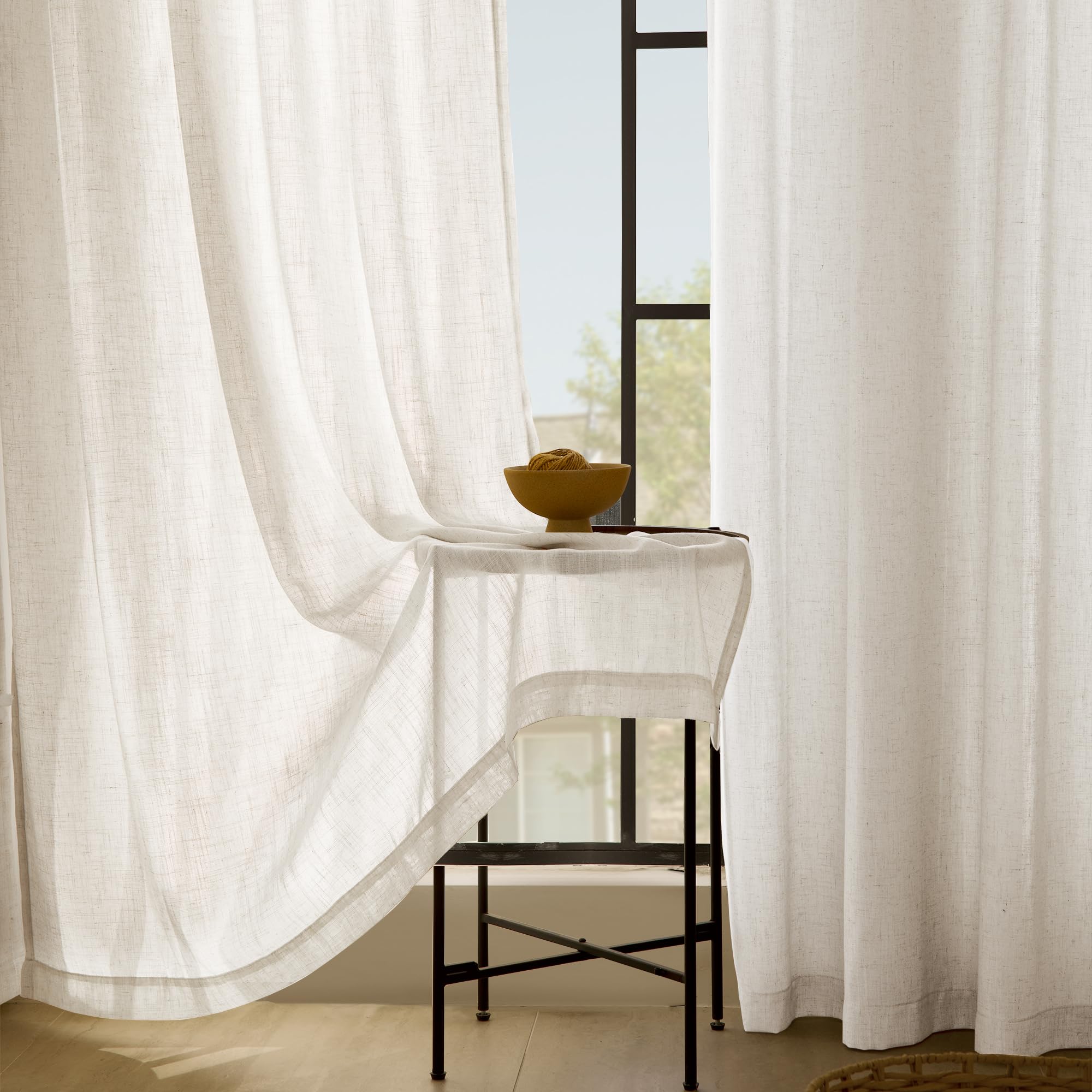2 Panels Set Cream Linen Curtains 132 inches Long For Living Room Neutral Farmhouse Light Filtering Semi Sheer Linen Drapes 132 inch Ceiling To Floor For Large Window Villa Hallway Ivory FT 60x132
