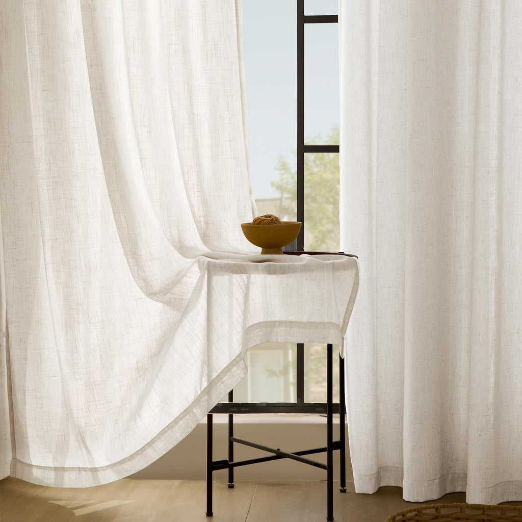 Jolilight 96 inch Long Linen Curtains 2 Panels for Living Room Back Tab Cream Ivory Light Filtering Semi Sheer Curtain 96 inches Long Boho Farmhouse Rustic Linen Drapes Floor to Ceiling Length 8 FT