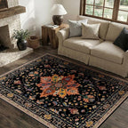 Area Rugs 4'x5' Washable Non-Slip, Floral Vintage Distress Print Pattern Medallion Carpet for Living Room Bedroom Dining Room, Black Colorful Floral Dark Tan