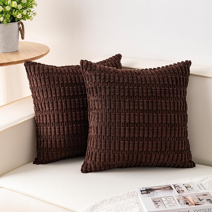 Pack of 2 Corduroy Decorative Throw Pillow Covers 26x26 InchSoft Striped Pillow Covers Modern Farmhouse Home Decor for Sofa Living Room Couch Bed（Dark Brown）