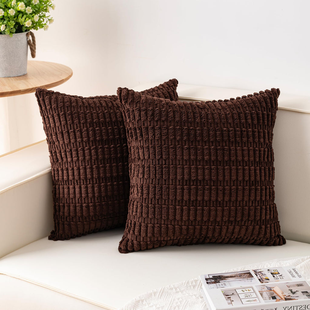 Pack of 2 Corduroy Decorative Throw Pillow Covers 20x20 Inch, Dark Brown