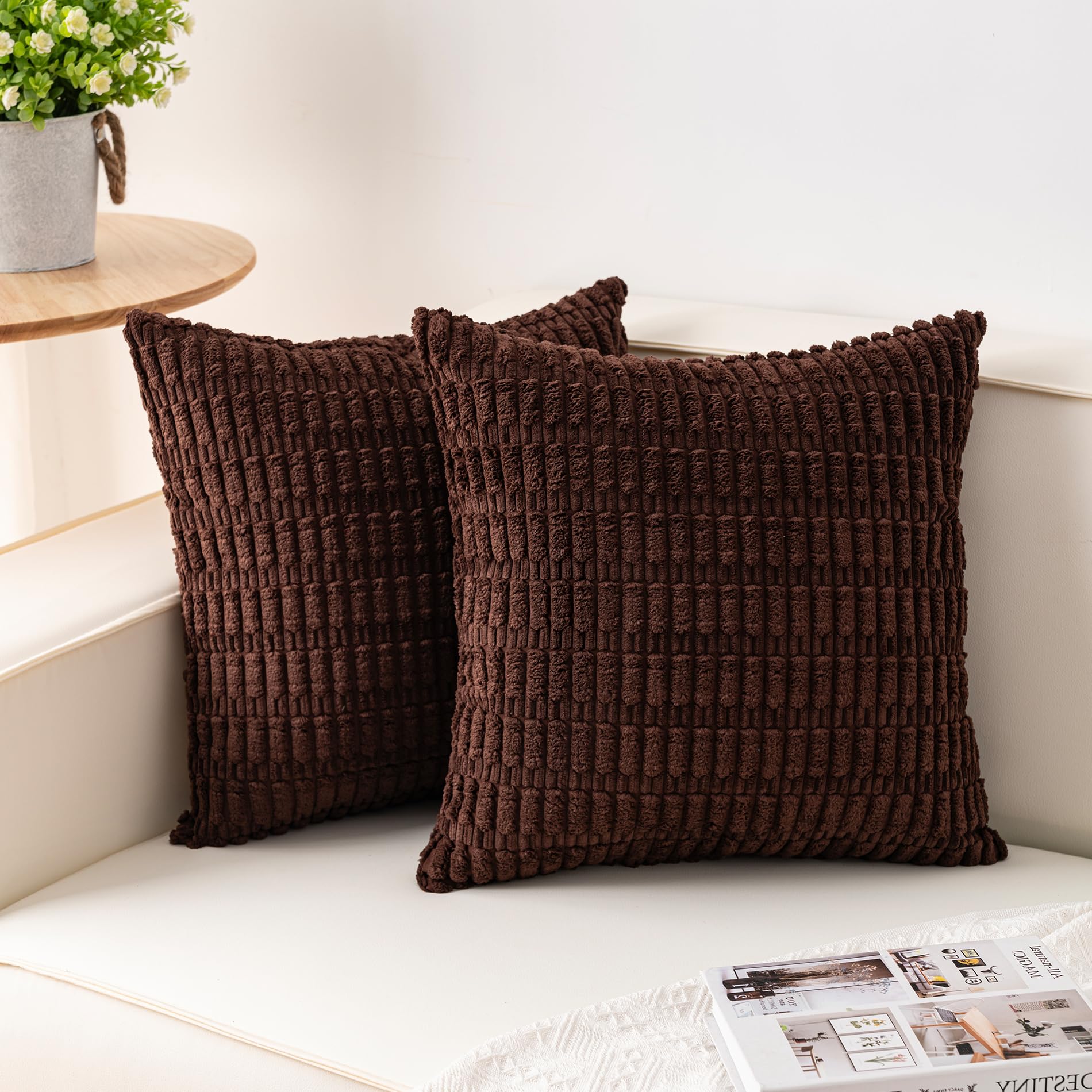 Pack of 2 Corduroy Decorative Throw Pillow Covers 20x20 Inch, Dark Brown