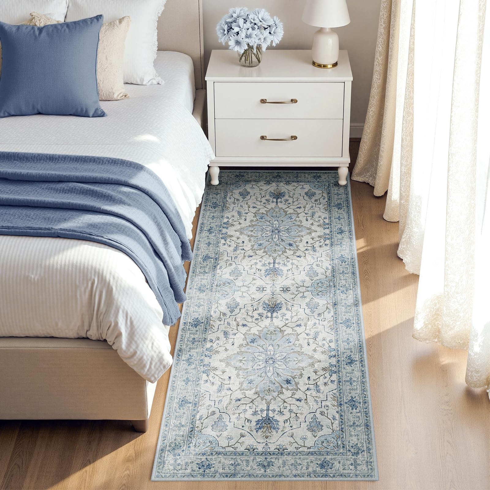 RELEANY Washable Area Rug, Runner 3'x7', Blue/White/Gray