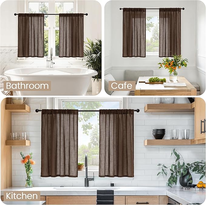 BGment Linen Curtains 40 Inch Length for Short Window, Brown Small Semi Drapes for Kitchen Cafe Over Sink Bathroom Decor Lightweight Rustic Country Textured Rod Pocket, 2 Panels Set, Each 42 Inch Wide