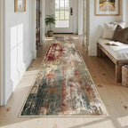 Washable Area Rugs 2'6'' x12 Non-Slip Modern Abstract Soft for Living Room Entryway Bedroom Nursery, Print Pattern, Brown Rust Red Green Blue Multi