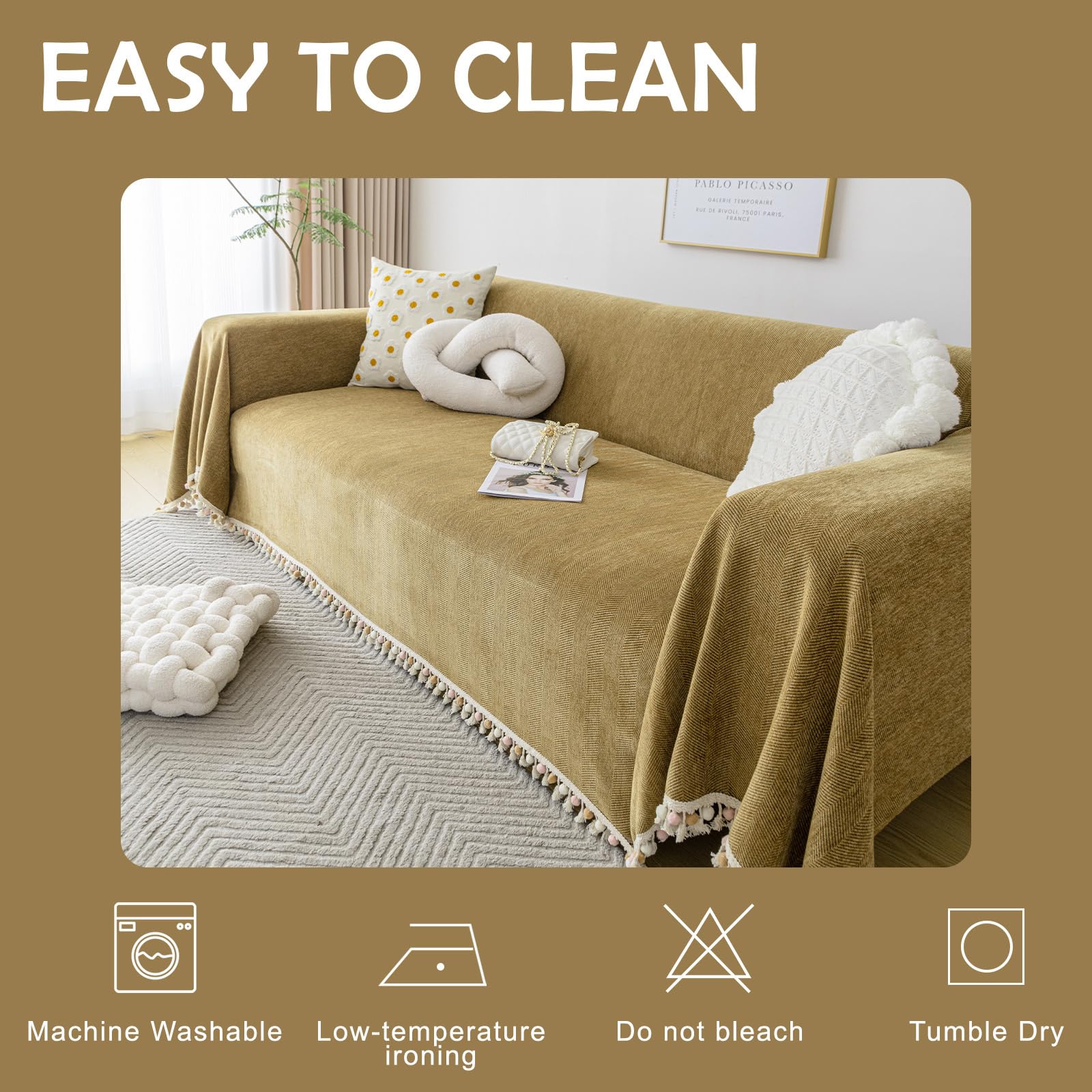 HANDONTIME Couch Covers for Pets Boho Mustard Yellow Love Seat Couch Covers Brown Sofa Cover for Dogs Pet Couch Protector Chenille Tassel Sofa Slipcovers Sofa Throw Cover Boho Decor for Living Room