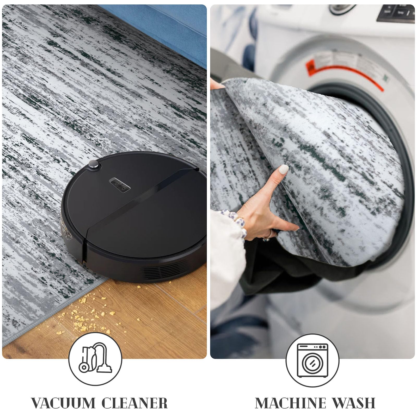 Lansny Modern Abstract Runner Rug 2x10, Black Grey White Washable Long Kitchen Runner Non-Slip Soft Hallway Rug Runner Thin Print Faux Wool Carpet for Entryway Bedroom Laundry Room Indoor Home Decor