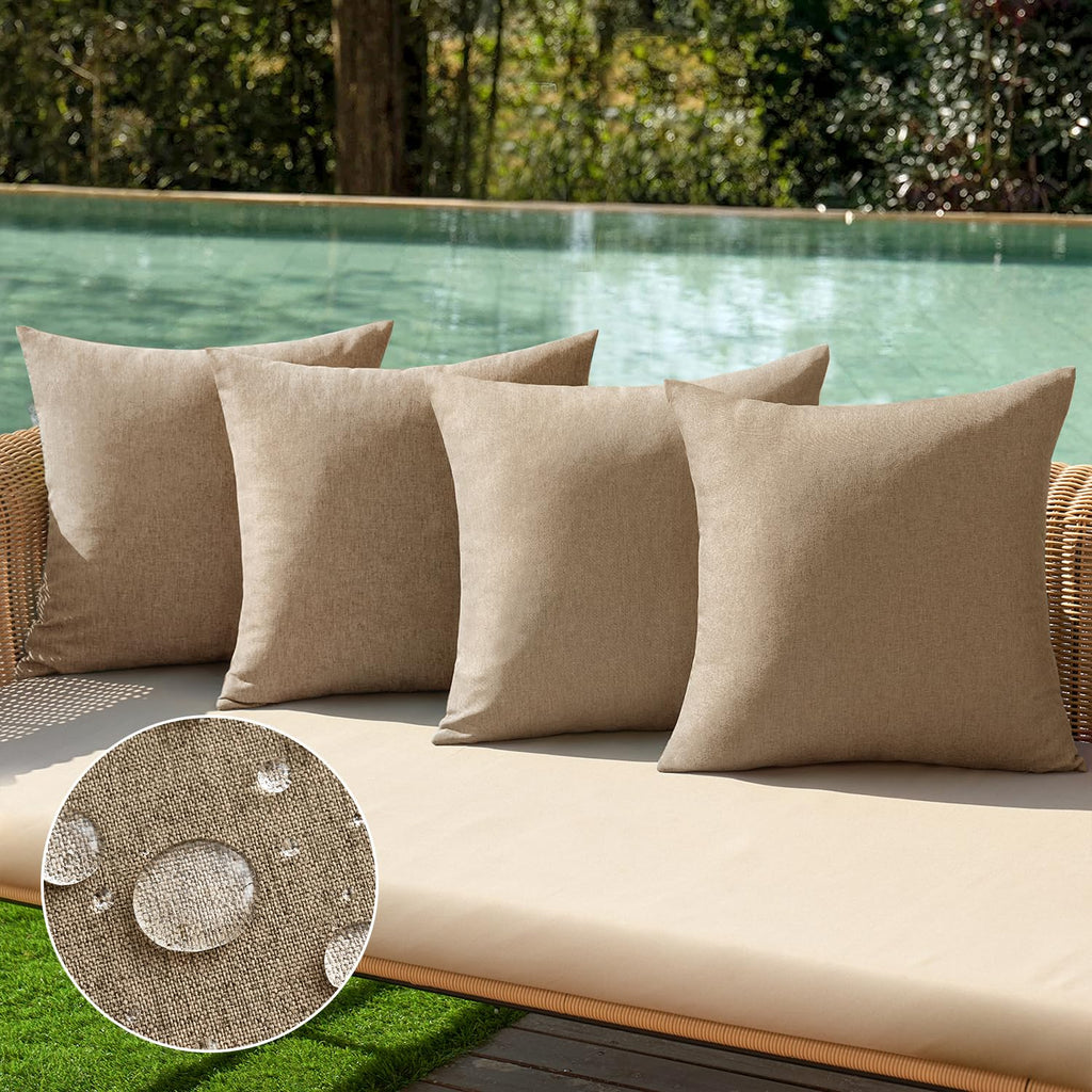 MIULEE Pack of 4 Decorative Outdoor Throw Pillow Covers Linen Waterproof Pillow Covers Summer Farmhouse Cushion Cases for Patio Garden Tent Balcony Couch Sofa 18x18 Inch Khaki