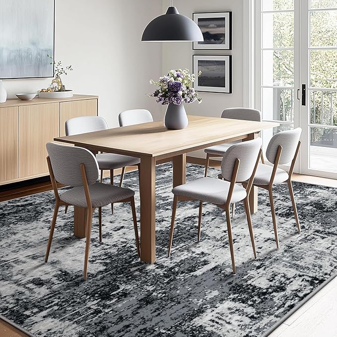 Washable Area Rugs7'x9' Non-Slip Modern Abstract Soft for Living Room Entryway Bedroom Nursery, Print Pattern, Black Navy Blue Gray