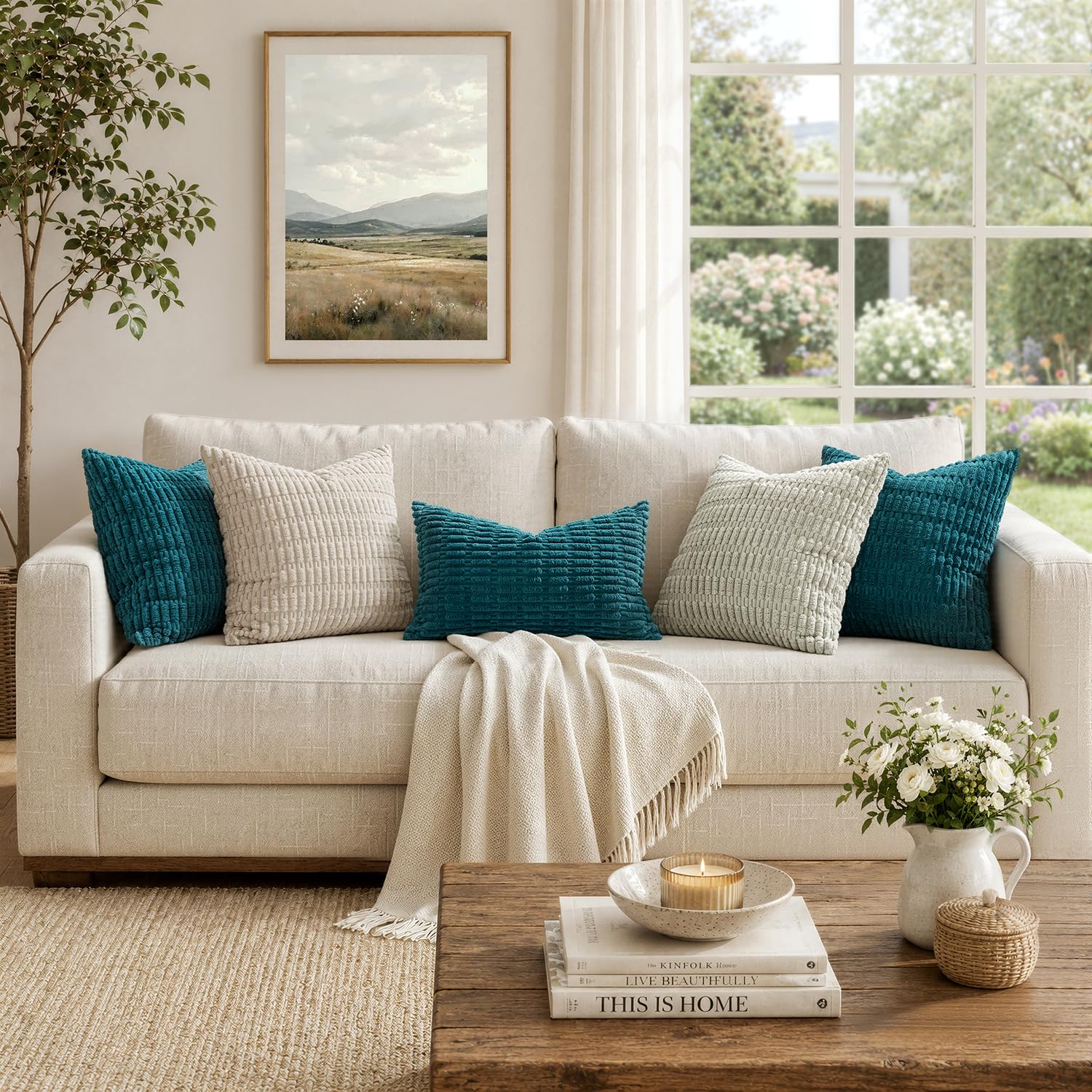 MIULEE Corduroy Decorative Throw Pillow Covers 20x20 Teal Pack of 2