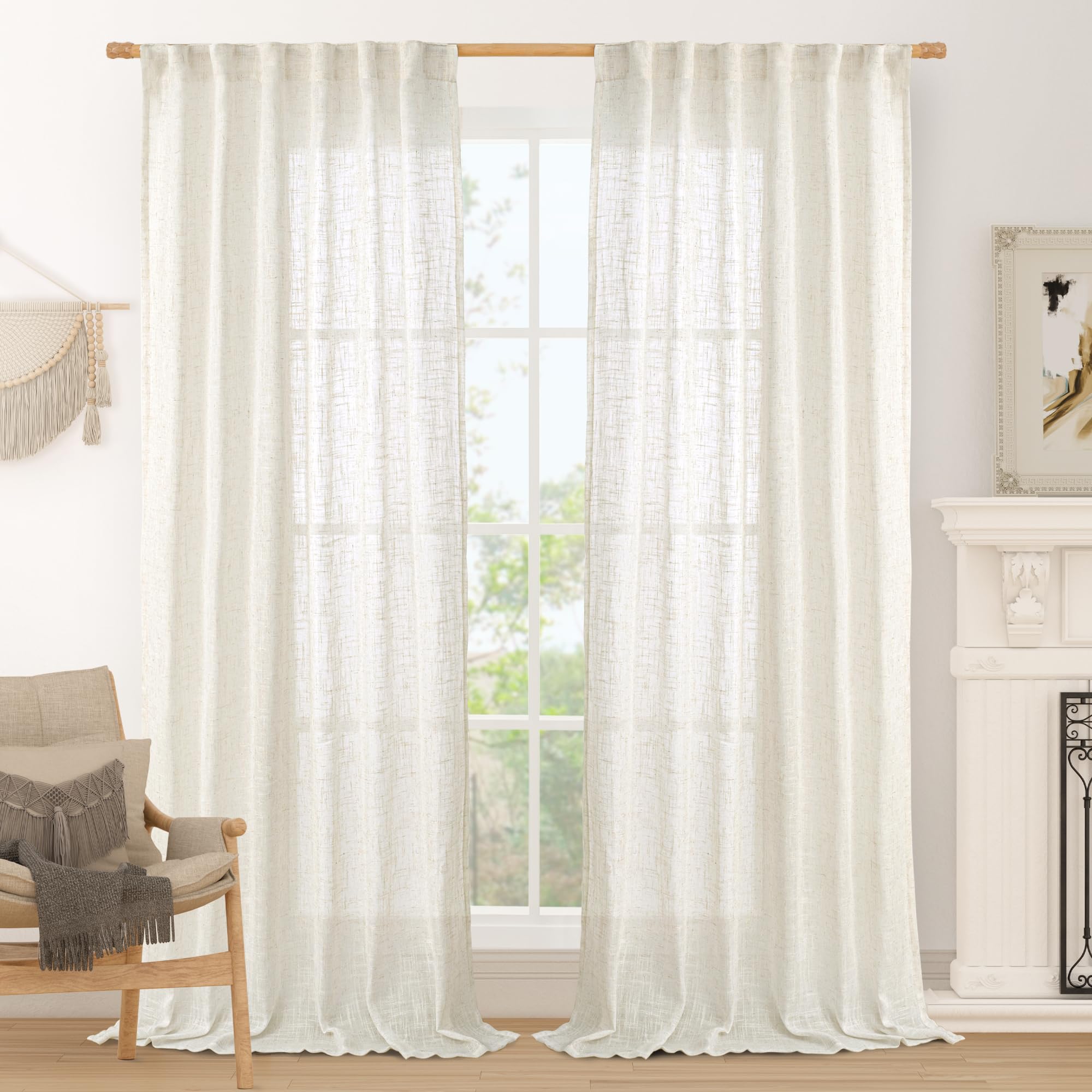 LAMIT Semi Sheer Linen Curtains 96 inches Long 2 Panels Set, 52 x 96 Inch