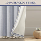 Blue Boho Blackout Curtains 2 Panels 84 Inch for Living Room Bedroom, Linen Texture Farmhouse Curtains with Tassels and White Cotton Embroidery Vintage Rustic Country Western