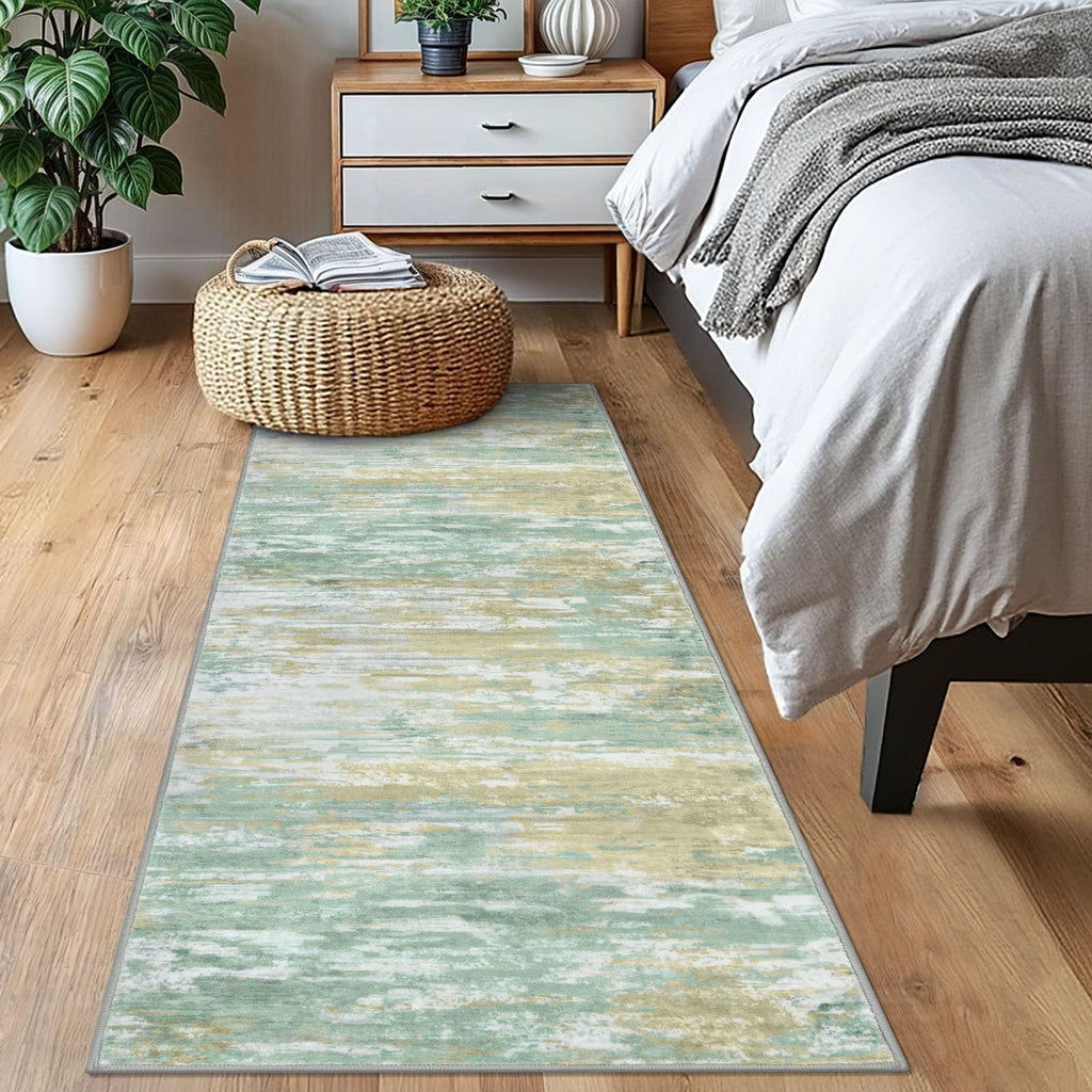 KOZYFLY Modern Abstract Runner Rugs 2x6 Light Green Yellow Machine Washable Area Rug for Bedroom Non-Slip Living Room Rug, Faux Wool Soft Low Pile Office Carpet for Bedroom, Kitchen Bathroom