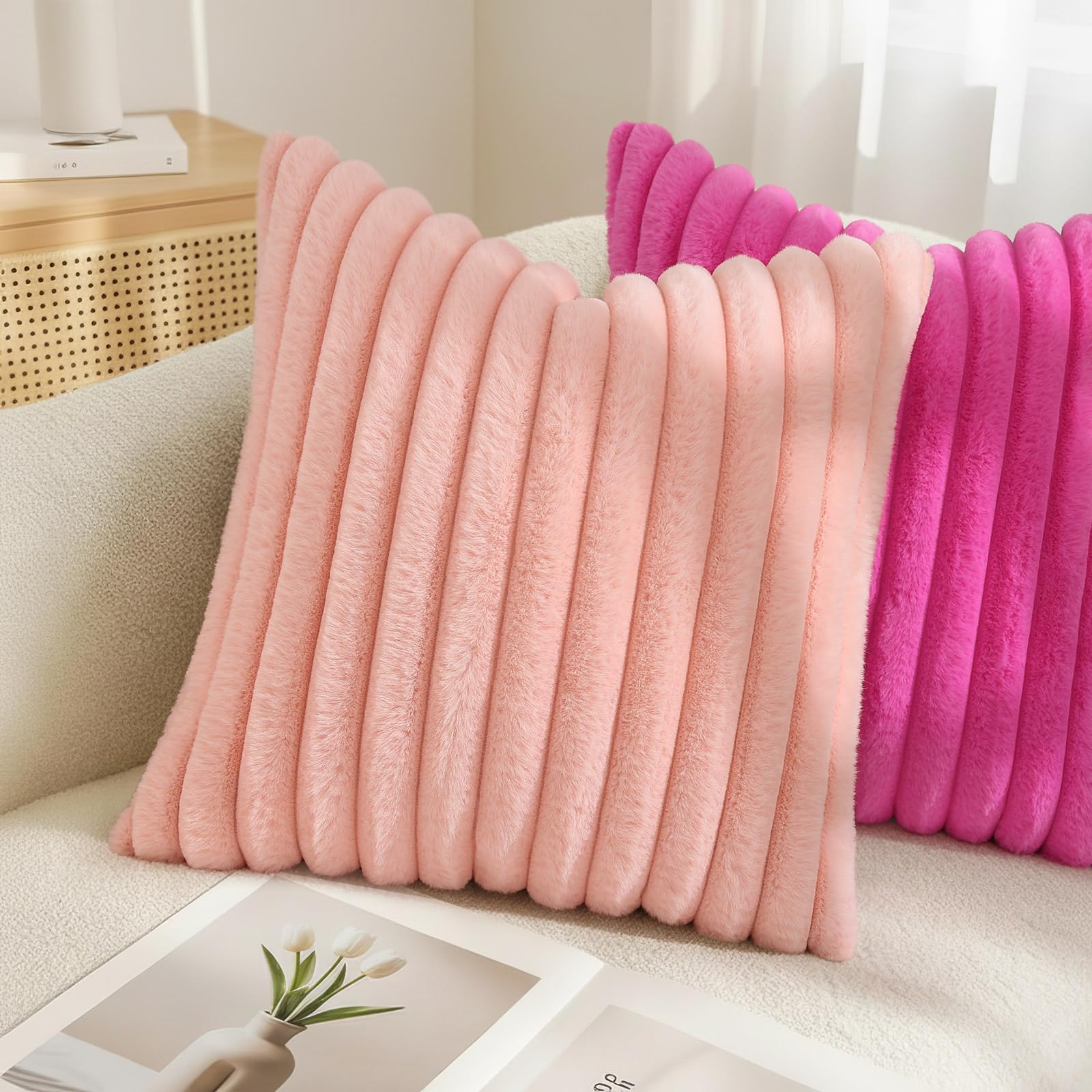 decorUhome Fall Faux Fur Throw Pillow Covers 20x20 Set of 2 Blush Pink