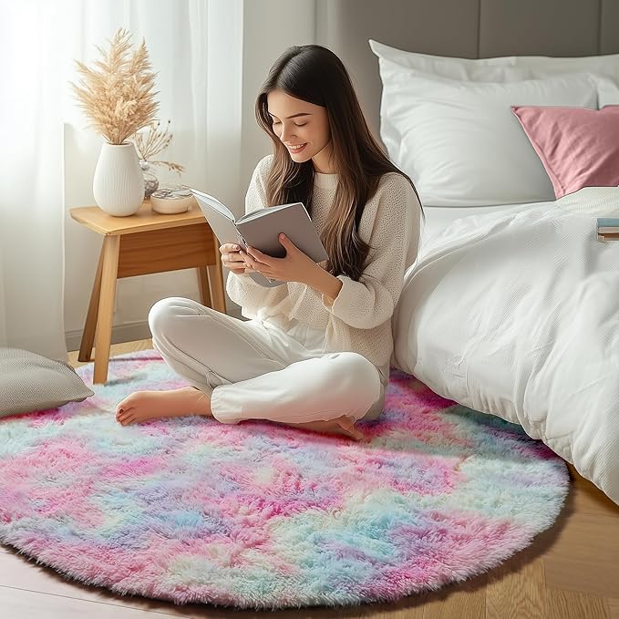ONASAR Rainbow Round Area Rug 4ft, Soft Bedroom Circle Rugs Mats for Kids Girls Teen Room, Kawaii Fluffy Plush Shaggy Carpet for Baby Nursery Living Room Playroom Home Decor Princess Castle