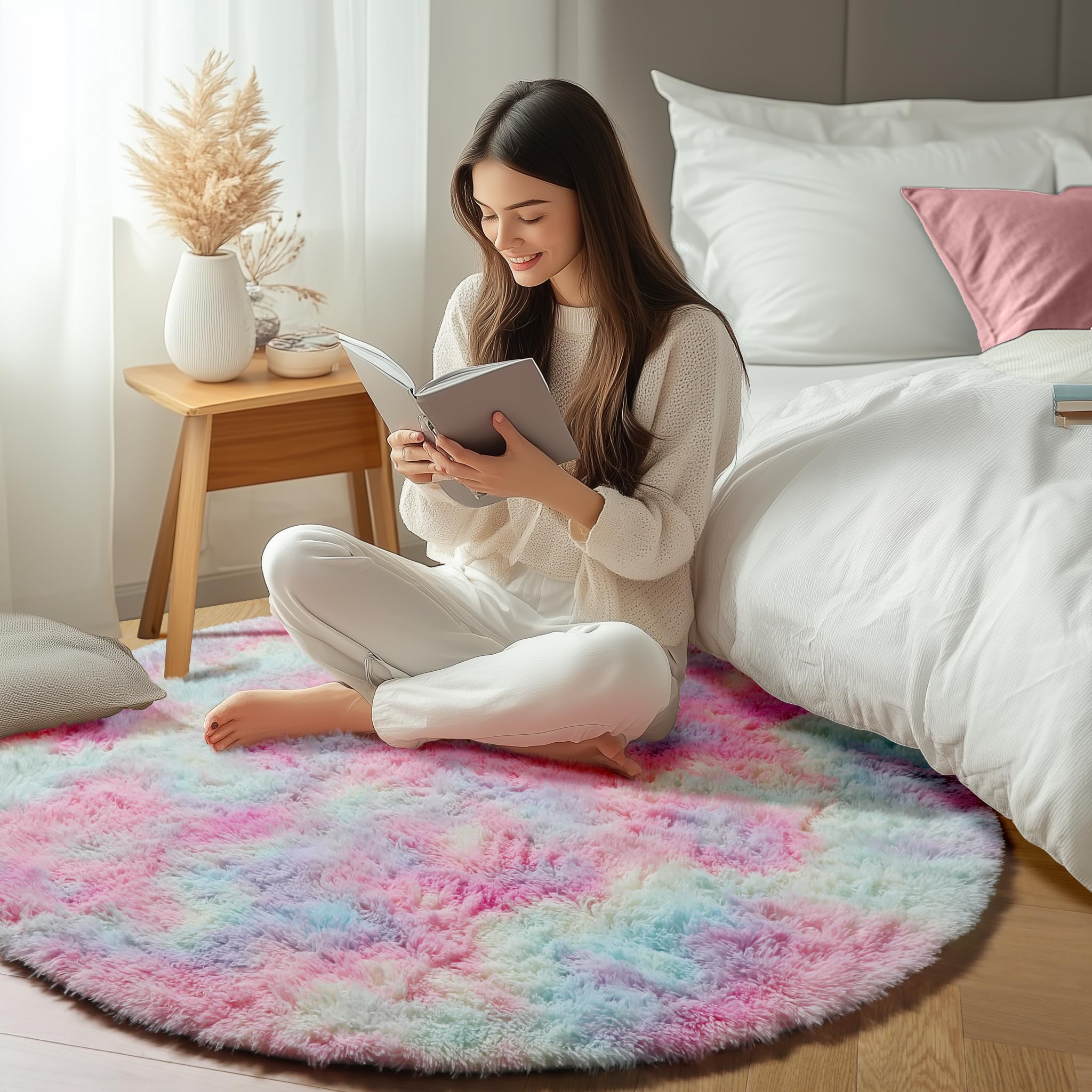 ONASAR Rainbow Round Area Rug 4ft, Soft Bedroom Circle Rugs Mats for Kids Girls Teen Room, Kawaii Fluffy Plush Shaggy Carpet for Baby Nursery Living Room Playroom Home Decor Princess Castle
