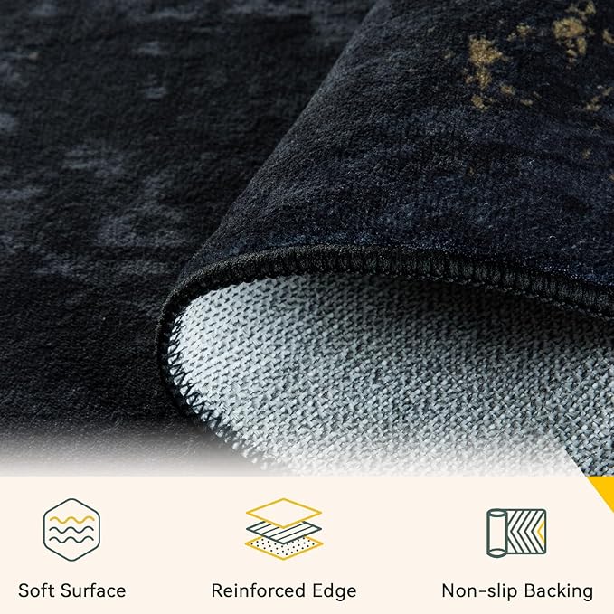 Washable Area Rugs 4'x6' Non-Slip Modern Abstract Soft for Living Room Entryway Bedroom Nursery, Print Pattern, Dark Black Gold