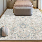 8x10 Area Rugs for Living Room, Machine Washable Non Slip Vintage Retro Rugs, Low Pile Lightweight Chenille Print Indoor Rug for Bedroom, Dining Room, Home Office(Grey/Blue/TAN/Teal/Green)