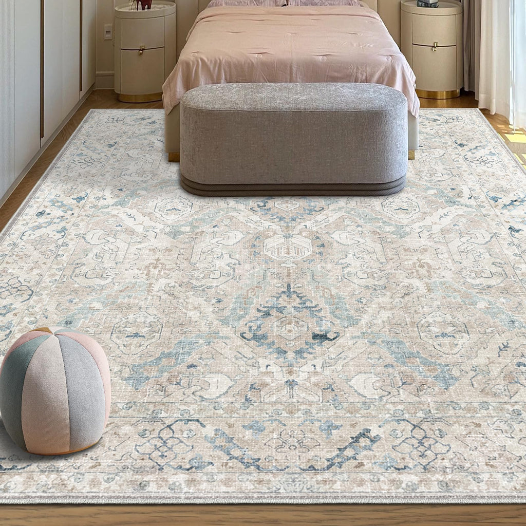 phonzenuo 8x10 Area Rugs for Living Room, Machine Washable Non Slip Vintage Retro Rugs, Low Pile Lightweight Chenille Print Indoor Rug for Bedroom, Dining Room, Home Office(Grey/Blue/TAN/Teal/Green)