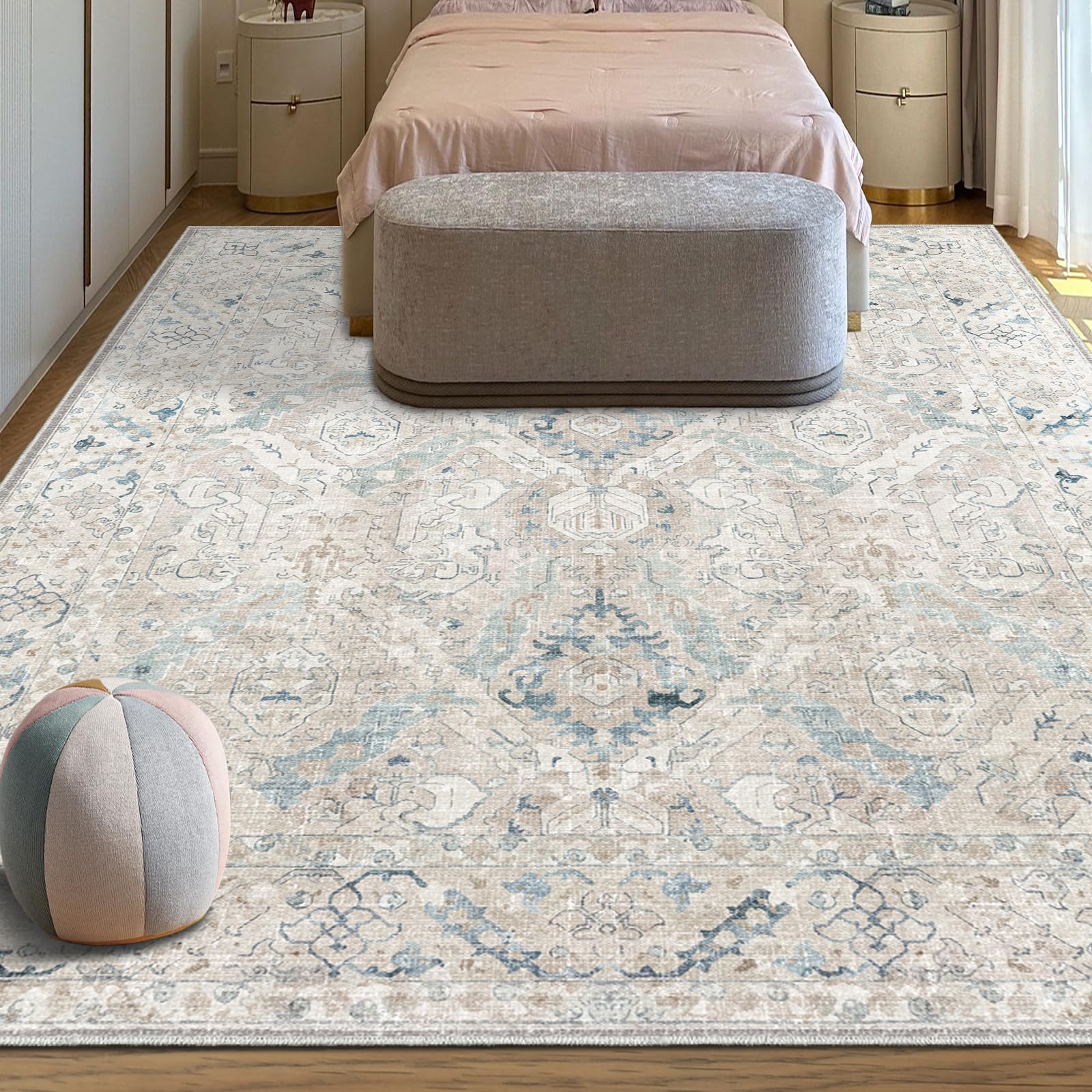 phonzenuo 8x10 Area Rugs for Living Room, Machine Washable Non Slip Vintage Retro Rugs, Low Pile Lightweight Chenille Print Indoor Rug for Bedroom, Dining Room, Home Office(Grey/Blue/TAN/Teal/Green)