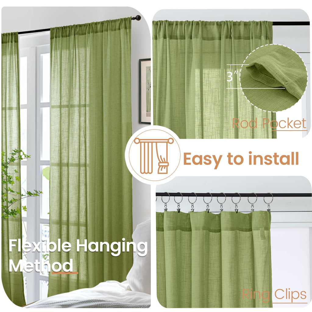 BGment Olive Green Linen Curtains 36 Inch Length for Short Kitchen Window - Rod Pocket Small Drapes Sheer Light Filtering for Cafe Bedroom Decor Lightweight Natural Rustic, 2 Panels Set, 42 X 36 Inch