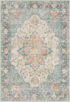 RELEANY Area Rugs Round 6ft Washable Non-Slip, Floral Vintage Distress Print Pattern Medallion Carpet for Living Room Bedroom Dining Room, Blue Orange Red