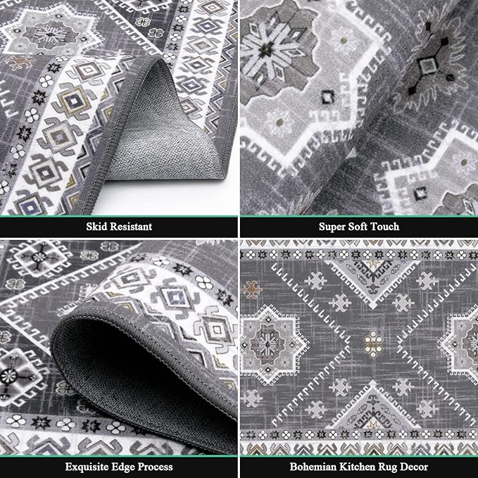 HEBE Boho Kitchen Rugs Set of 3, Non Slip Washable Kitchen Mats for Floor
