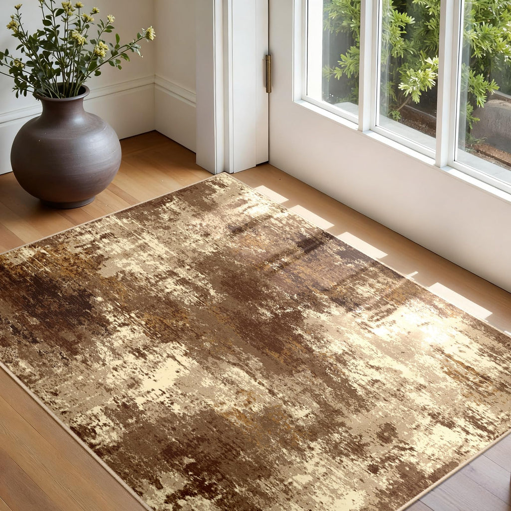 RELEANY Washable 3'x5' Abstract Area Rug for Living Room Brown Tan