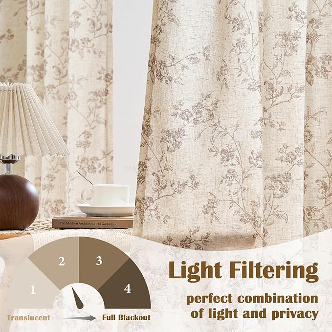 Lazzzy Taupe Vintage Floral Linen Curtains Farmhouse 50W X 84L 2 Panels