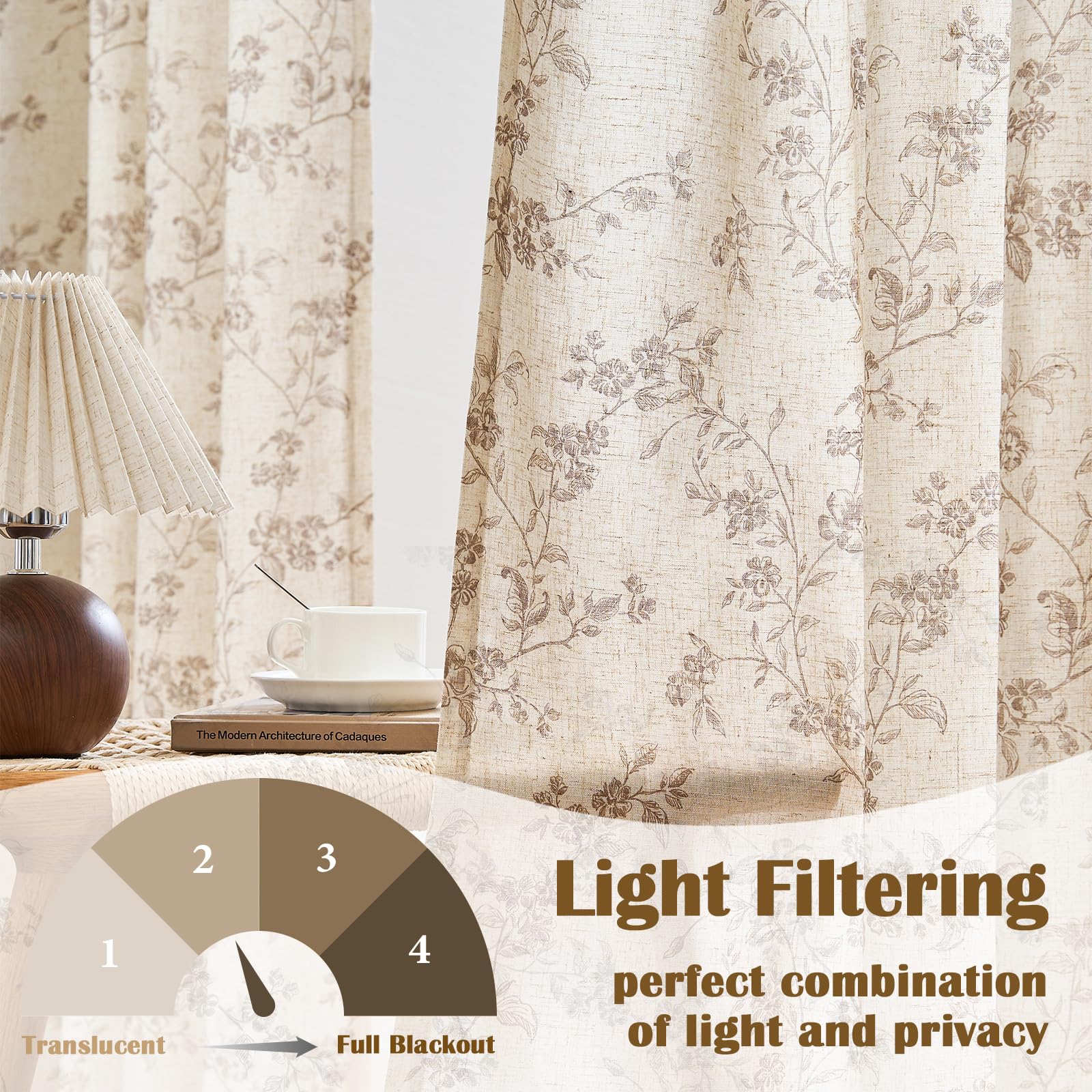 "Lazzzy Farmhouse Polyester blended Curtains Taupe Floral Curtains 96 Inch Length Back Tab Drapes for Living Room Bedroom Light Filtering Country Vintage Rod Pocket Curtain, 2 Panels, Taupe on Beige