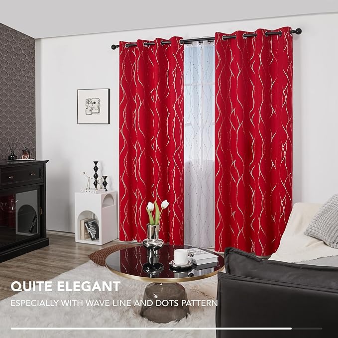 Deconovo Blackout Curtains, Christmas Red Curtain, Thermal Insulated Noise‑Reduced Drapes, Wave Line Dot Foil Print, 52 x 108 Inch Long, 2 Panels, Machine‑Washable Window Curtain for Party Living Room