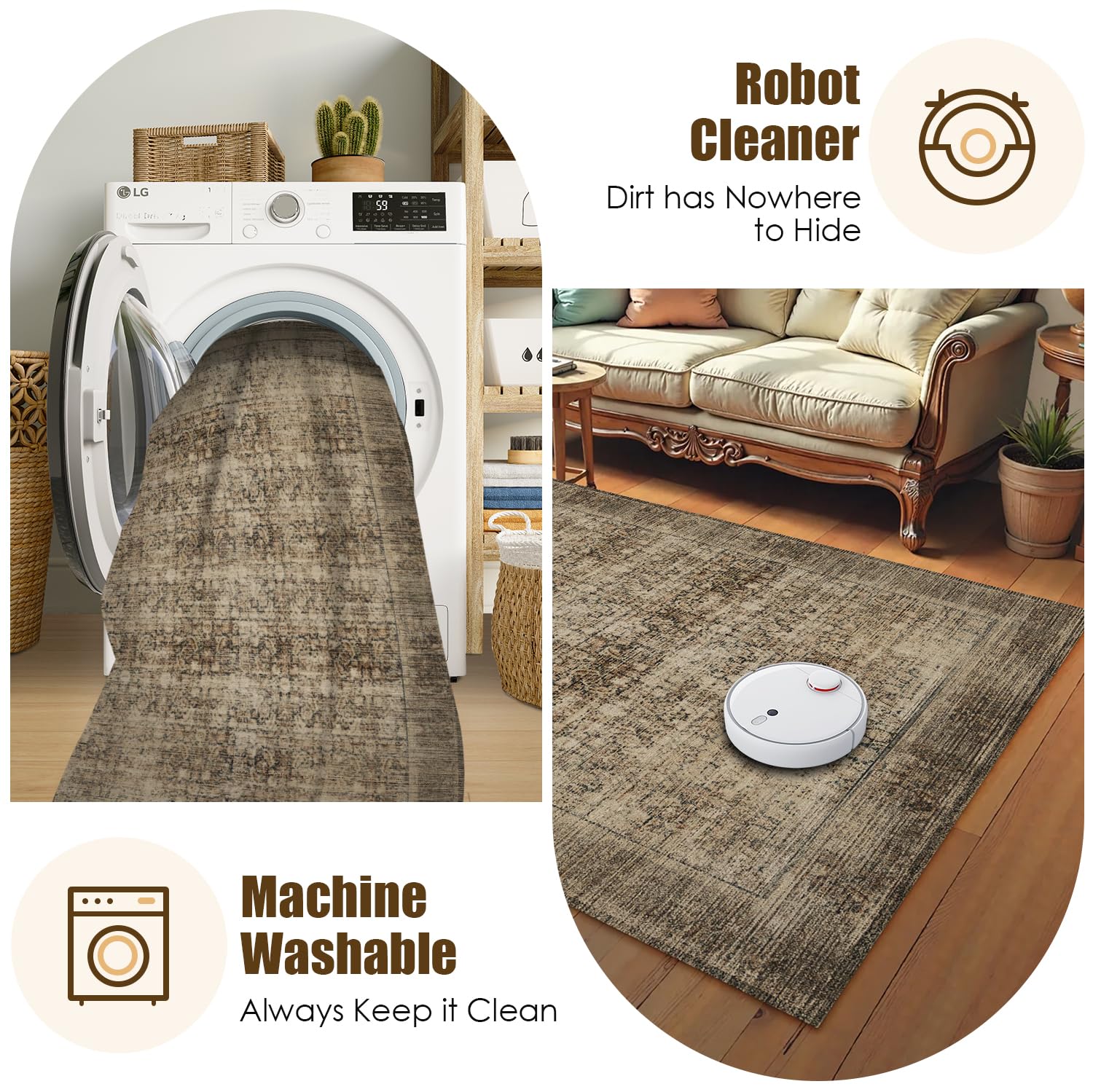Washable Area Rug 6' x 9' Vintage Traditional Persian Mat - Foldable Distressed Non-Slip Machine Washable Carpet for Living Room Bedroom Kitchen Home Decor - Mocha and Taupe