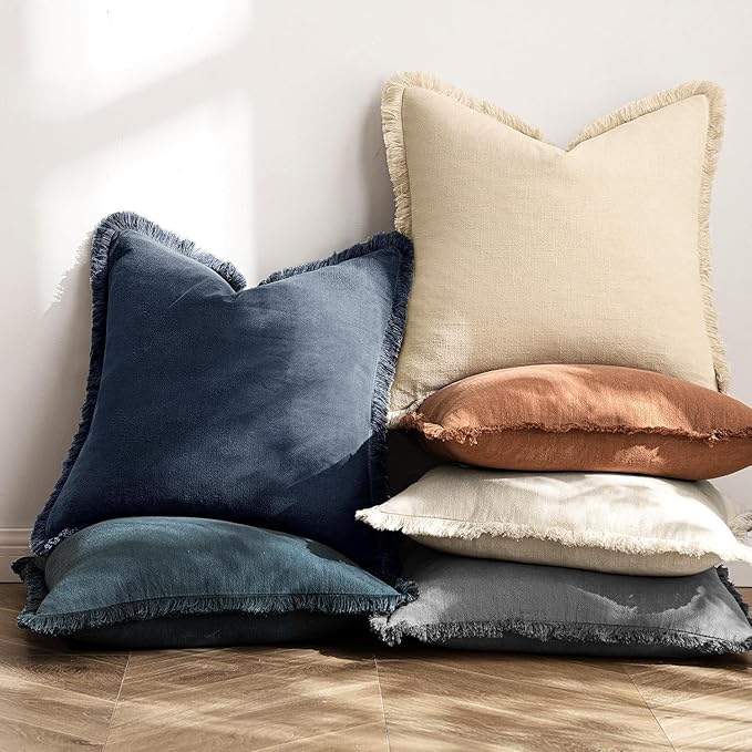 MIULEE Linen Fringe Decorative Euro Throw Pillow Covers Indigo Blue 26x26
