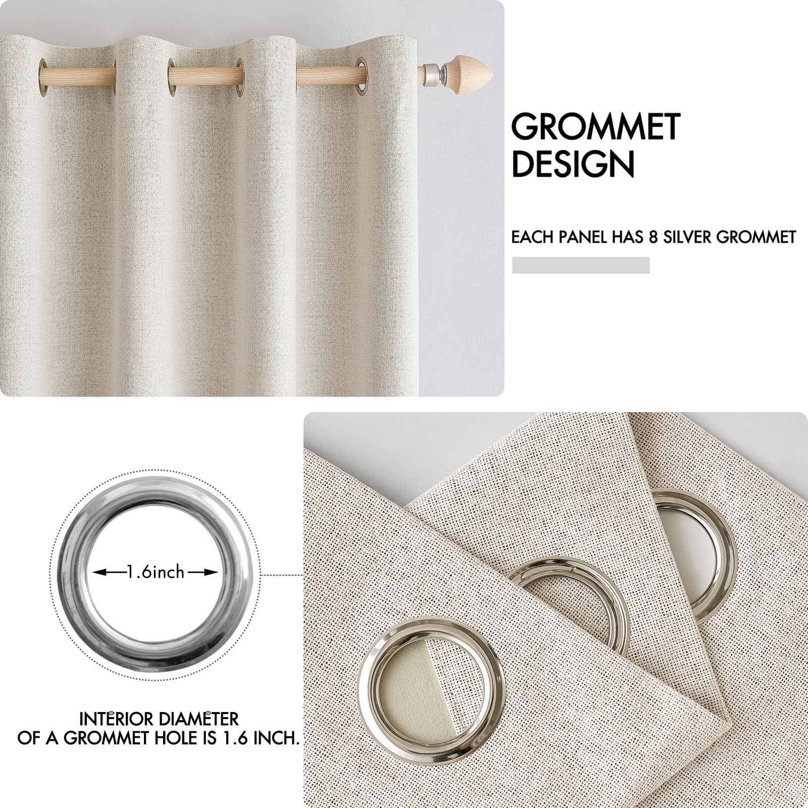 MIULEE 100% Blackout Linen Curtains for Bedroom 52x84 Inches Birch