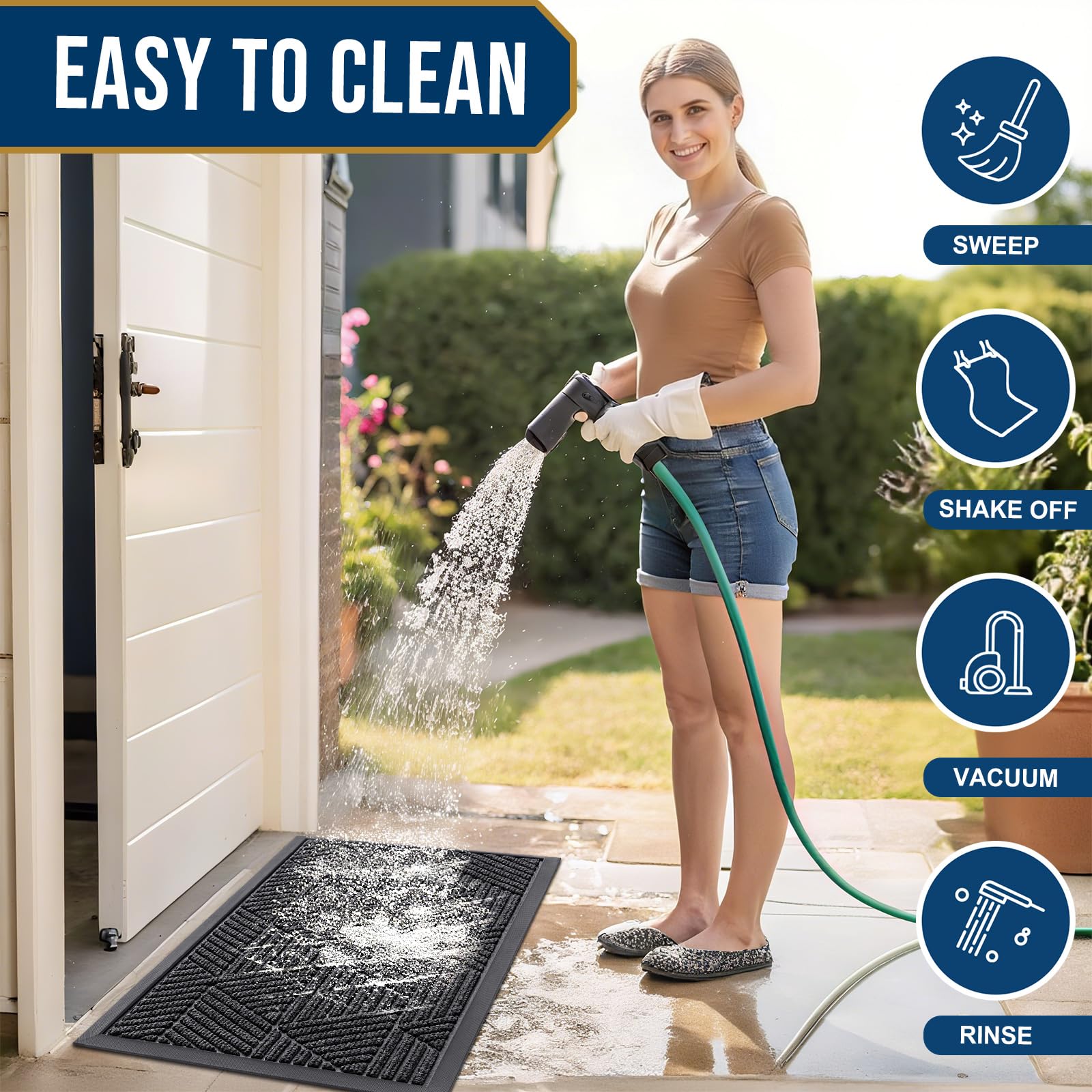 Smiry Front Door Mat Outside Entrance, Low Profile Rubber Doormat, 47x32